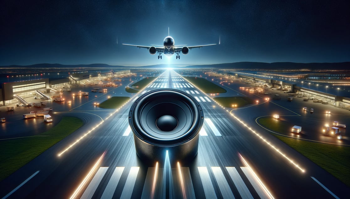 DALL·E 2024-03-27 08.25.51 - Visualize a high-fidelity speaker designed with sleek, modern elements, making a gentle landing on an airport runway at night. The scene is vividly li
