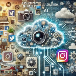 DALL·E 2024-07-30 12.03.43 - A collage illustrating the concept Is everything now AI-generated_ The image features elements of stock photo agencies, social media platforms, and 